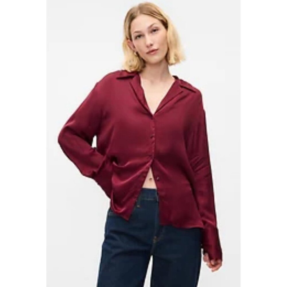 GAP Satin Button-Up Blouse in Burgundy